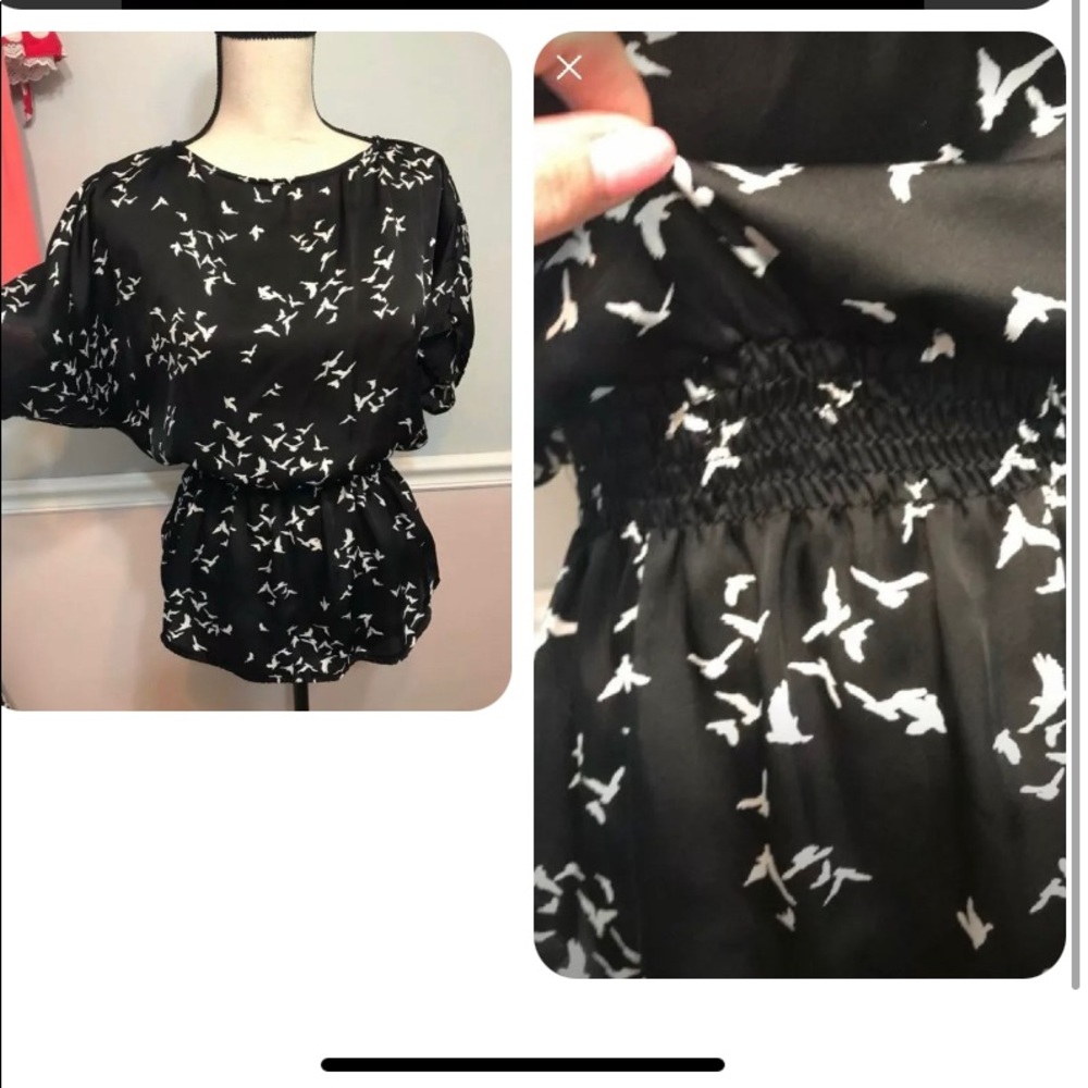 Womens XS Xhilaration Black White Bird Blouse